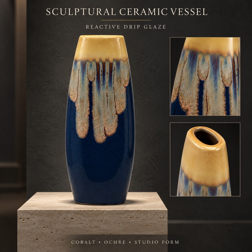 Sculptural Ceramic Vessel Reactive Drip Glaze Cobalt Ochre Studio Form Vase 12"